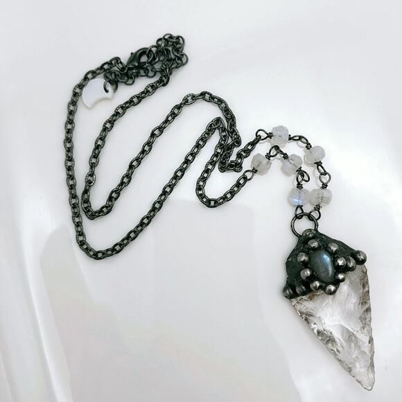 Genuine Labradorite & Quartz Crystal Arrowhead Necklace - Picture 5 of 5
